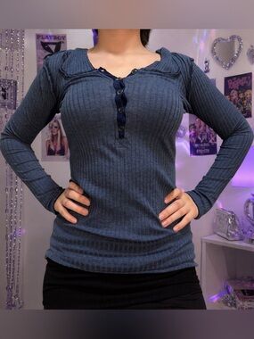 Vintage Y2K Hard Tail Forever Hooded Ribbed Tunic Top Blue XS Fairy Grunge